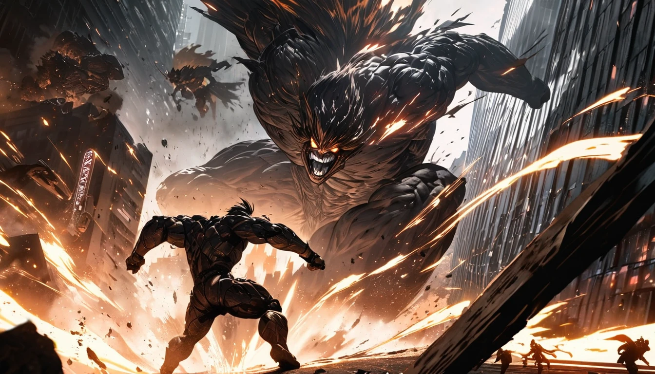 Ink, anime, black and white, line art, high contrast, dynamic composition, masterful strokes, fine details, intricate linework, bold shadows and highlights, minimalist background, intense action, epic battle, giant robot ninja, mutant gigantic monkey, downtown Tokyo, destruction, chaos, skyscrapers, high-speed movement, dramatic poses, energy blasts, crumbling buildings, debris, smoke and dust, gravity-defying jumps, adrenaline rush, power struggle, fierce determination, strong emotions, fighting spirit, cityscape, neon lights, futuristic setting, dynamic perspective, intense facial expressions, life-like eyes, menacing teeth, muscular physique, unique character designs, epic showdown, cinematic feel, fast-paced, dramatic lighting, contrasting tones, strong silhouettes, heroism, epic clash of titans, surreal atmosphere. (best quality, highres), (portraits, anime)