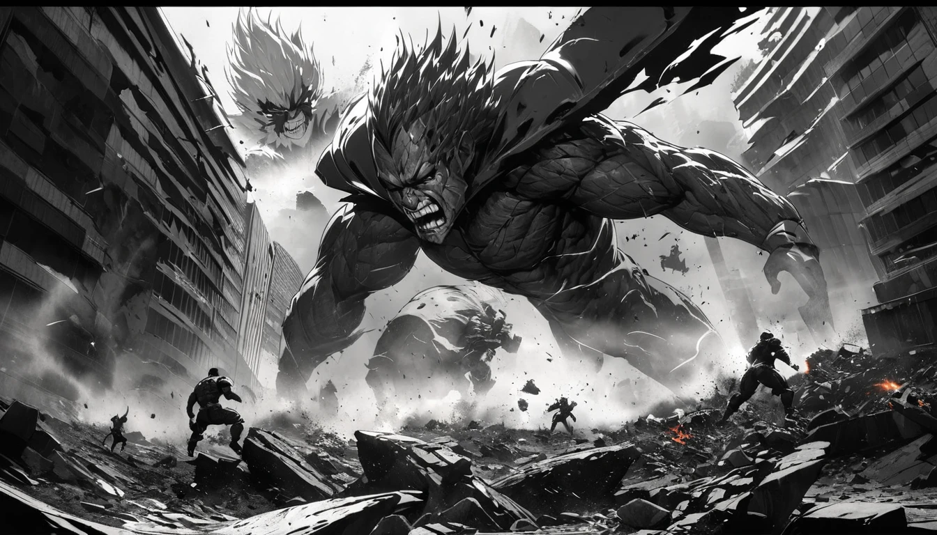 Ink, anime, black and white, line art, high contrast, dynamic composition, masterful strokes, fine details, intricate linework, bold shadows and highlights, minimalist background, intense action, epic battle, giant robot ninja, mutant gigantic monkey, downtown Tokyo, destruction, chaos, skyscrapers, high-speed movement, dramatic poses, energy blasts, crumbling buildings, debris, smoke and dust, gravity-defying jumps, adrenaline rush, power struggle, fierce determination, strong emotions, fighting spirit, cityscape, neon lights, futuristic setting, dynamic perspective, intense facial expressions, life-like eyes, menacing teeth, muscular physique, unique character designs, epic showdown, cinematic feel, fast-paced, dramatic lighting, contrasting tones, strong silhouettes, heroism, epic clash of titans, surreal atmosphere. (best quality, highres), (portraits, anime)