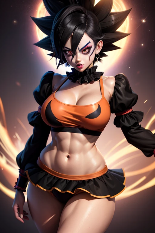 The full body image shows a Female Goku Black with black harlequin hat, clown face paint, wearing cropped black clown shirt, puffy sleeves, puffy crewneck, stomach navel , large , small waist, wide , thick legs, black , collarbone, clown 🤡,  body, it, night circus background, shiny skin, highest detailed, detailed clothes, only black color, detailed body, detailed face, posing in a  manner
