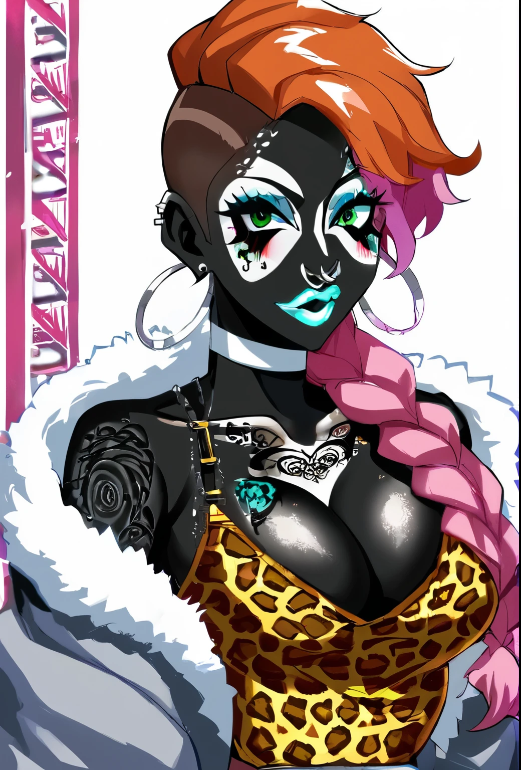 Score_9, score_8_up, score_7_up, score_6_up, yamanba, source_anime, 1girl, solo, white background, abstract rectangular background, upper body, looking at viewer, BREAK, brown hair, pink hair, (two-tone hair), nose ring, hoop earrings, BREAK, cyan lips, very colored skin, jet-black skin, (jet-black skin), (yamanba, white facepaint makeup:1.3), eyeshadow, (leopard print microdress:1.3), fur trim, bare shoulders, off shoulder, white choker, hair ornament, (cleavage, topless, slip, tattoos, piercings), (white areolae, long braid,undercut:1.3), alex, green eyes, braid, orange hair, green shirt, brown pants, boots, full body