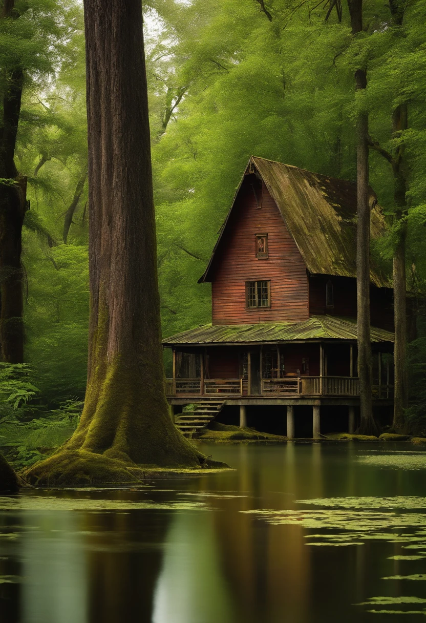 Old cabin, in a swamp, forest, jungle.