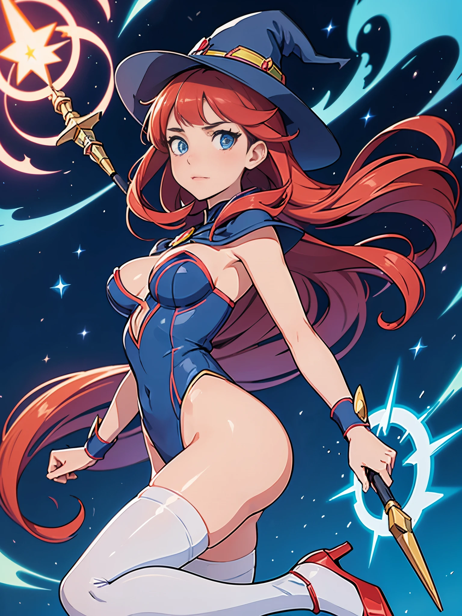 a cartoon of a woman dressed in a superhero costume holding a wand, witch academia, superhero sorceress witch, glamorous angewoman digimon, sky witch, by Aguri Uchida, maya ali as a lightning mage, leotard, blue leotard with white accent, bare legs, blue thigh-highs, red high heels, witch hat, red hair, long hair, blue eyes, beautiful detailed eyes, beautiful detailed face, cute face, medium breasts, age 16-18, solo, solo focus, wonder