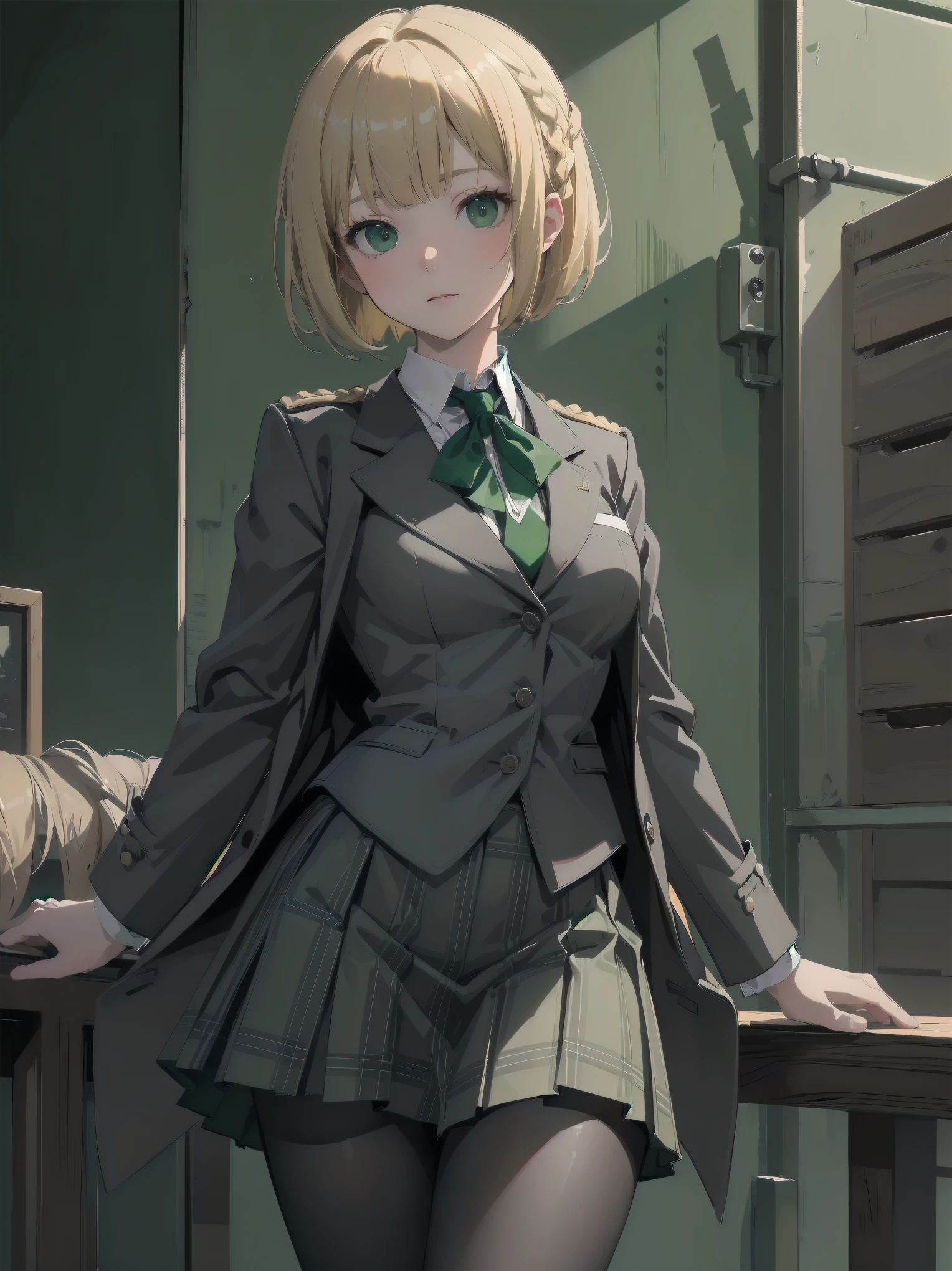 Top-High quality、Highest image quality、masterpiece、high contrast、Elegant、erotic expression、high school girl、blonde、Bob cut braids、uniform、(brown blazer)、ribbon tie、(Green and gray plaid skirt)、(black tights)、cinematic lighting、fine shading、cute、Truly unbelievably cute absurd、outside、outside苑