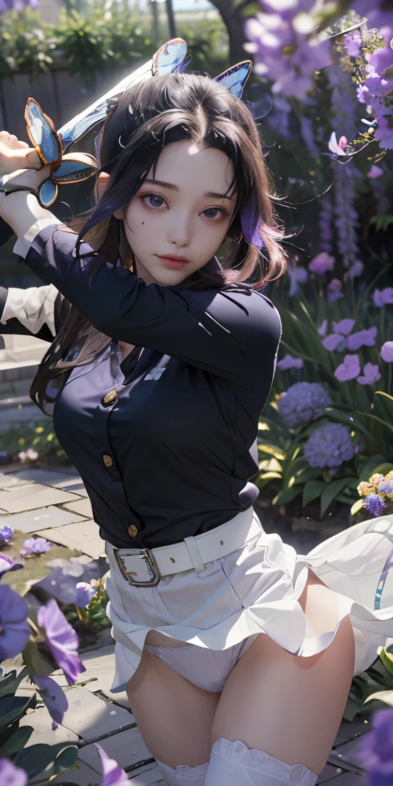Ultra-realistic 8k CG,white :1.4、（Beautiful bikini :1.4） 、squat and open your legs、beautiful pantieasterpiece,（生脚white :1.4） ,,show white ,、front、, (weapon in hand: 1.2), (attack: 1.2), beauty, goddess, （生脚white :1.3）,frontから, face sticking out, (super detailed background, delicate pattern, intricate details)), high quality, highly detailed face, （超から見えるwhite 生脚:1.4）、highly detailed eyes and face, highly detailed eyes, kocho shinobi, colorful hair, No bangs, hair intake, purple eyes, amount, black shirt, black pants (Haori, butterfly, button, belt, (garden: 1.2), purple flowers, Chibi, cloudy null, sunlight, Tyndall effect, exy、Slope_null, face, gorgeous null, Sword at the waist,Ultra-realistic 8k CG, masterpiece,（:1.4） close, (weapon in hand: 1.2), (attack: 1.2), beauty, goddess, frontから, face sticking out, (super detailed background, delicate pattern, intricate details)), high quality, highly detailed face, highly detailed eyes and face, highly detailed eyes, kocho shinobi, colorful hair, No bangs, hair intake, purple eyes, amount, black shirt, black pants (Haori, butterfly, button, belt, (garden: 1.2), purple flowers, Chibi, cloudy null, sunlight, Tyndall effect, Slope_null, face, gorgeous null, Sword at the waist,