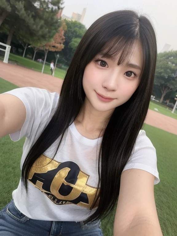 (kawaii 24 year-old Japanese girl, Nogizaka idol, Korean idol), healthy female athlete body, (glossy black hair, pixie cut, messy hair edge, symmetric length hair:1.3), (bangs), (rounded face, brown eyes, single eyelid, no makeup, soft smiling:1.2), (wearing over-sized t-shirt, skinny jeans:1.3), (flat chest, extra small breasts:0.9), (looking at viewer:1.2), BREAK, (turf in the park background:1.3), (dynamic angle:1.3), BREAK, (masterpiece, best quality, photo realistic, official art:1.4), (UHD, 8K quality wallpaper, high resolution, raw photo, golden ratio:1.2), (shiny skin), professional lighting, physically based rendering, award winning, (perfect anatomy, highly detailed skin, extremely detailed face and eyes), Carl Zeiss 85 mm F/1.4, depth of field, 1girl, solo,