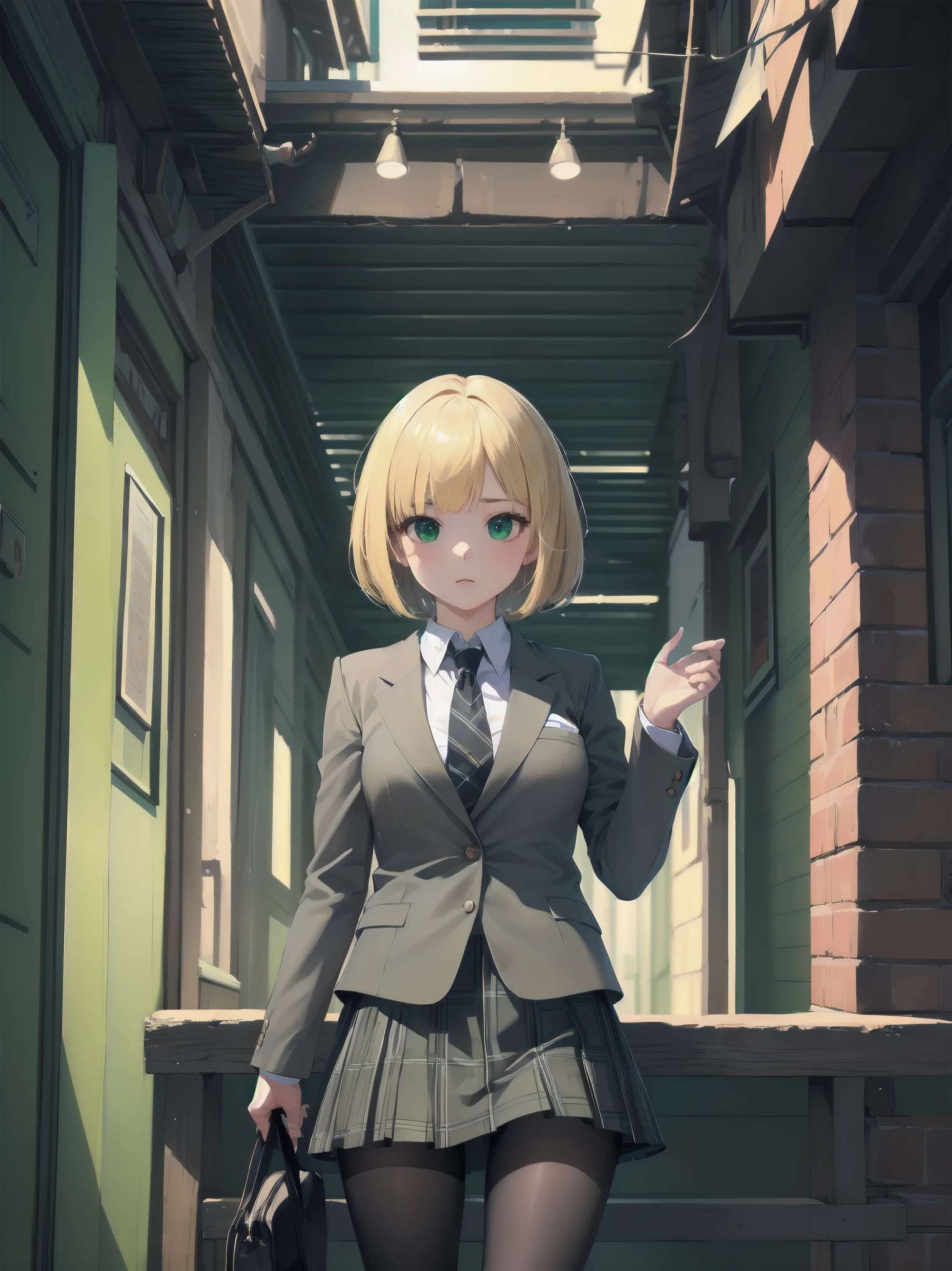 Top-High quality、Highest image quality、masterpiece、high contrast、Elegant、erotic expression、high school girl、blonde、Bob cut braids、uniform、(brown blazer)、ribbon tie、(Green and gray plaid skirt)、(black tights)、cinematic lighting、fine shading、cute、Truly unbelievably cute absurd、outside、outside苑