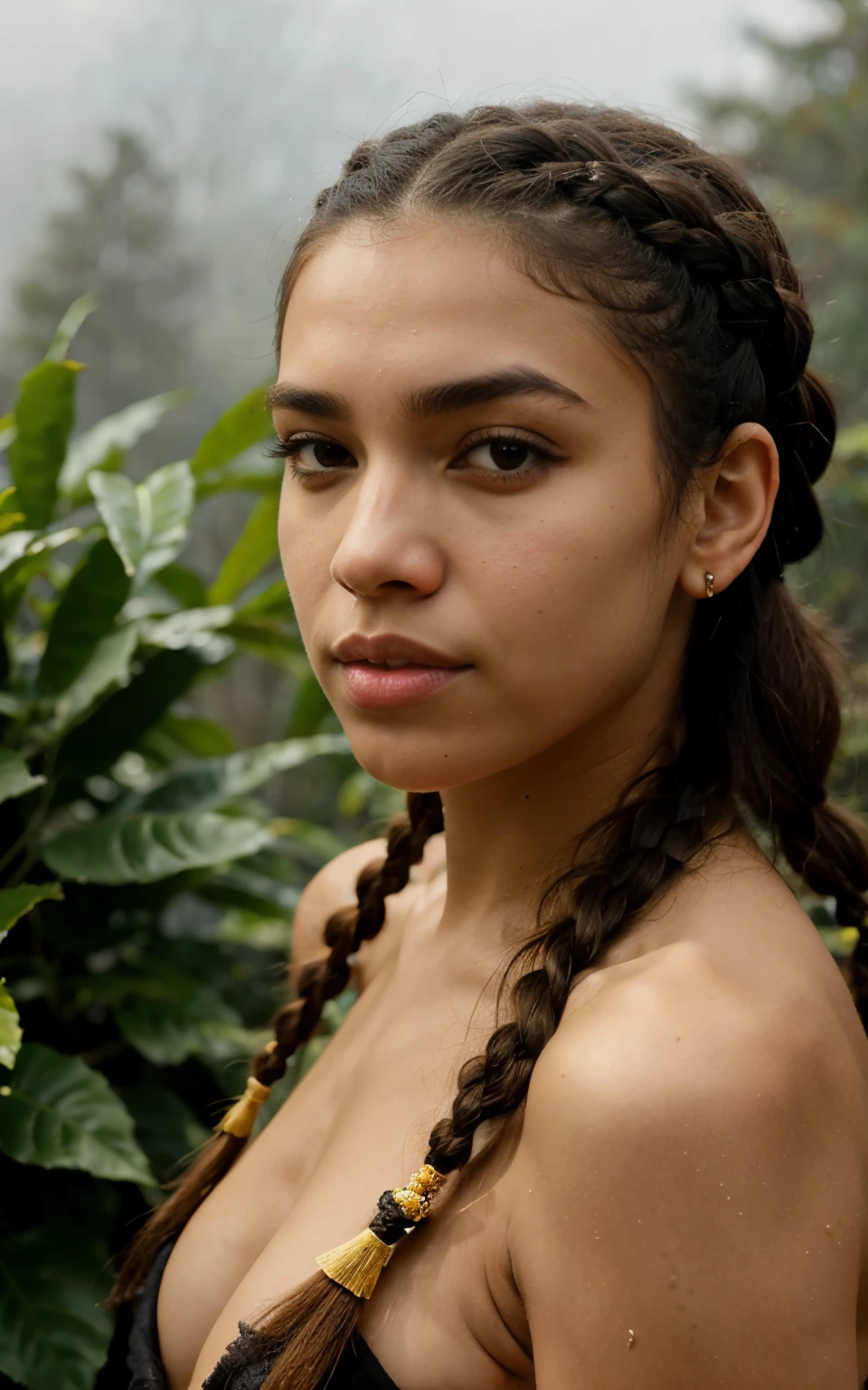 (Bruxa Elfa Negra), a cara da Zendaya:Dua lipa, Orelhas pontudas, pele cinza, cabelo branco, (corte de cabelo top fade), (a braid on one side of the head), obra de arte, floresta escura ao fundo, fog, na noite, luz da lua cheia, 8k, arte digital detalhada, piercings.