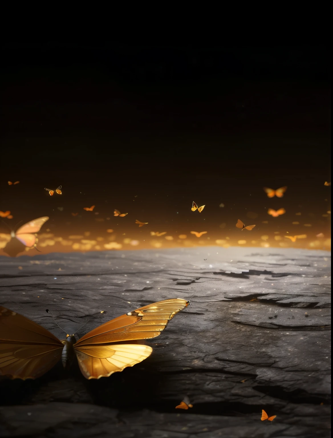 there is a butterfly that is sitting on the ground, golden embers flying, butterflies flying, glowing butterflies, butterflies floating in the sky, fireflies flying, among wonderful golden fireflies, butterfly lighting, butterflies in the foreground, fireflies flying around, flying particles, 8 k cg render, glowing spores flying, among golden fireflies