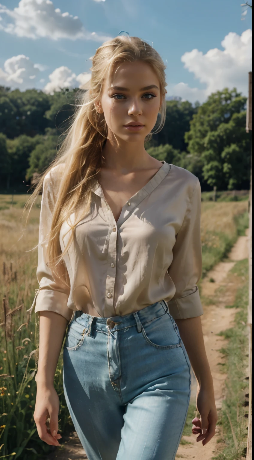 Beautiful girl, 20 years old, elongated face with smooth outlines, blonde hair, beautiful ponytail behind her head, blonde, eye makeup, designer eye cut, beautiful eyes, long eyelashes, realistic looking human, big lips, short blouse, silk blouse, silk pants, beautiful legs, slender body, beautiful body, tanned face, (realistic: 1.3), finely detailed, high quality, studio lighting, (masterpiece: 1.2), (photorealistic: 1.2), (best quality), (detailed skin: 1.3), (intricate details), ??????????????, (Meadow, Sun, Clouds, Field, Walking Path)