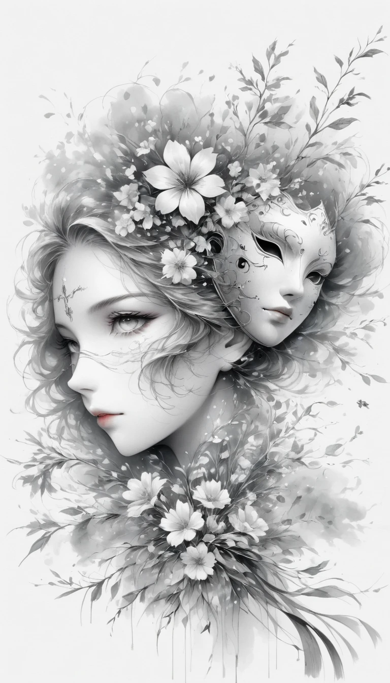 (Anime line drawing:1.5),(black and white painting:1.45),Minimalism,(line art:1.6),sketch,Charcoal drawing,mask,flower,Illustration in surreal art style,surreal dream,Dubrec style,(multiple exposure:1.8),art for coloring book page, All white background, Use only contours, line art, coloring book, clean line art,