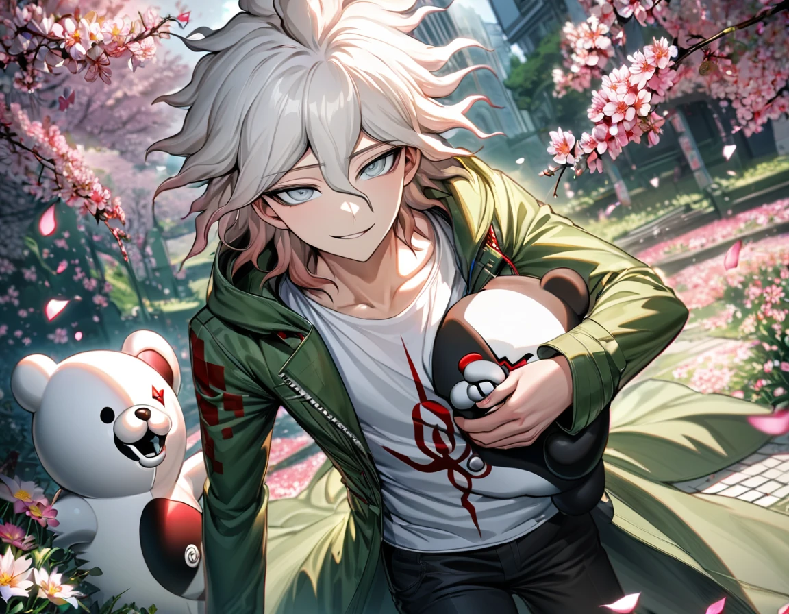 Ultra detailed, highres, absurdres, HDR, Komaeda Nagito, white hair, silver eyes, Danganronpa 2, green long coat, 1 man only, handsome, white tight t-shirt, spring, black pants, flowers and petals, pink leaves, butterflies, smirking, holding a plushie of Monokuma,