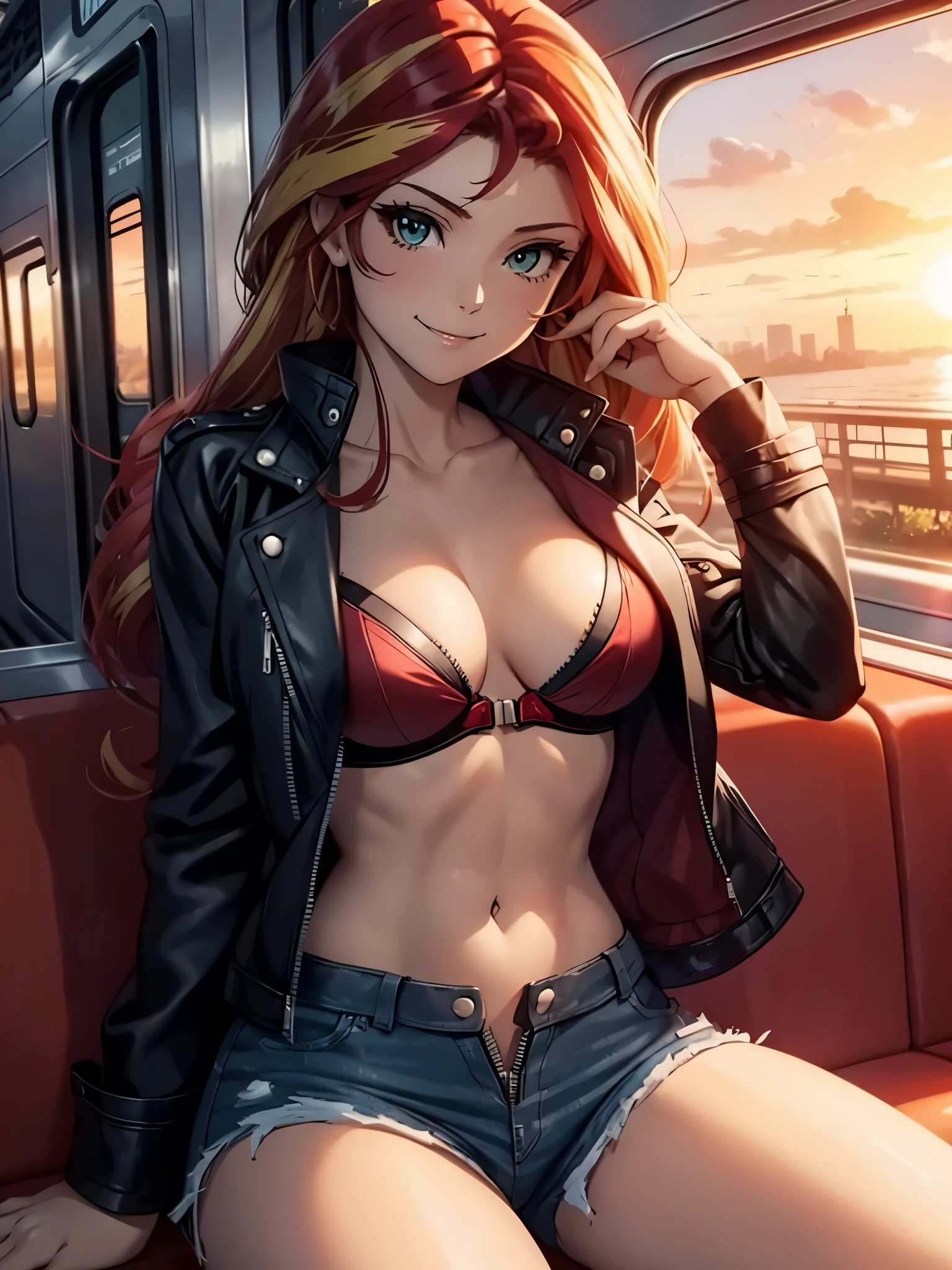 sunset shimmer sitting on a train, open shirt, red bra, seductive smile, (unzipped shorts), leather jacket