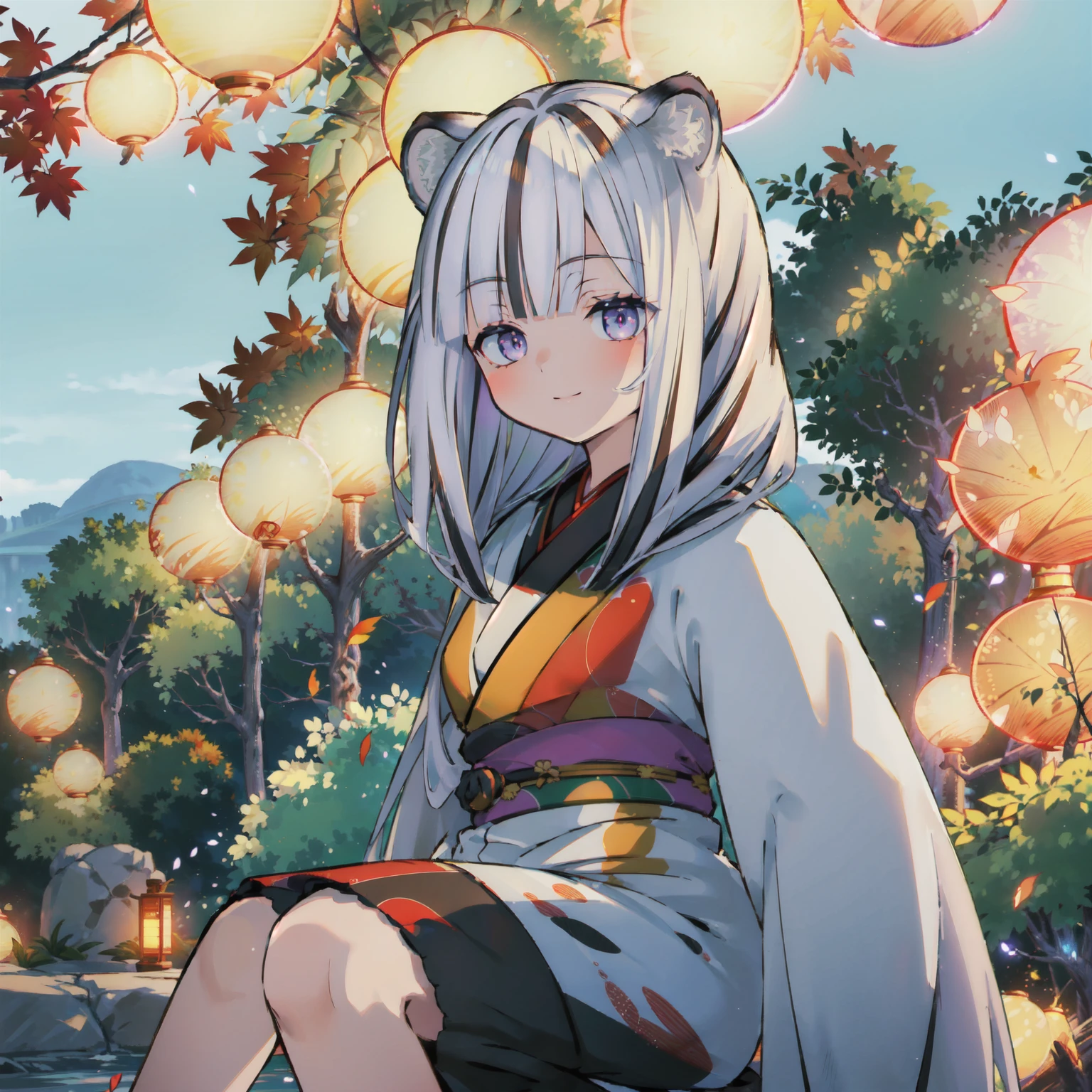 ((masterpiece:1.4, best quality)), ((masterpiece, best quality)),girl sitting in a Japanese-style garden, featuring white,red and orange lights,wearing a futuristic kimono,white hair,purple eyes,smile,White Tiger ears,falling autumn leaves,night, Black kimono, 