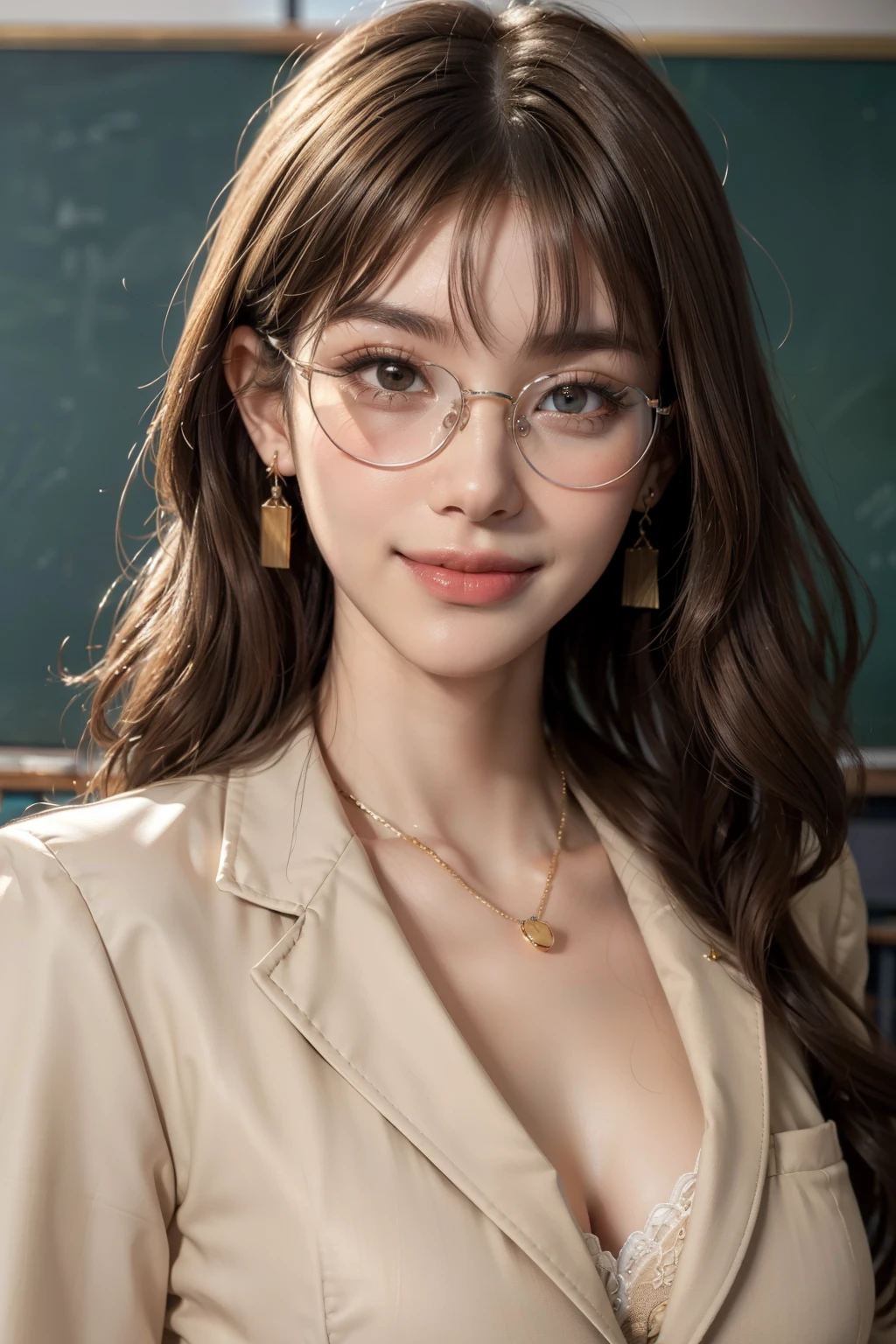 8k, of the highest quality, masutepiece:1.2), (Realistic, Photorealsitic:1.37), of the highest quality, masutepiece, Beautiful young woman, Pensive expression,、A charming、and an inviting look, Tight Fit、cleavage of the breast, Cinematic background, Light skin tone, huge breasts, Low-cut,Cleavage,necklace,earrings,wear glasses,updo hair