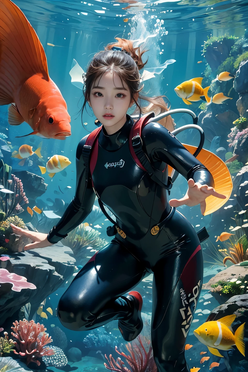 masterpiece, best quality, 8 thousand, 24 years old, photo beast, absurd, award-winning portraits, pure, korean beauty, spring, School of tropical fish in the sea, laces, cute, right, healthy, Beloved, perfect hands, snorkel,wearing snorkel, underwater,diving suit, Wet hair, random pose,