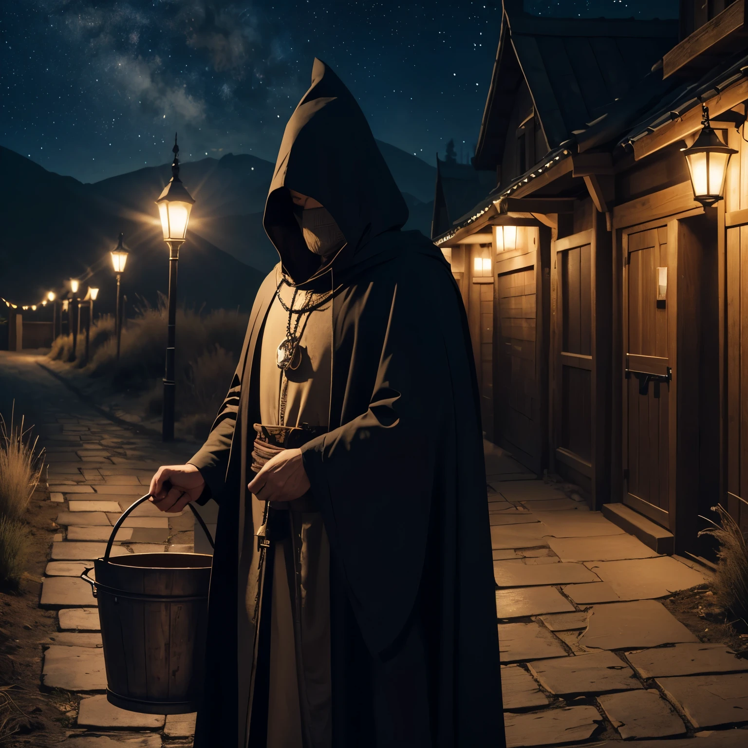 8K photorealistic render of a mysterious figure, the "Bucket Man", wearing a worn cloak and a golden hat that radiates a faint light. The Bucket Man's face is hidden by a bucket with strange symbols. He stands in a mystical setting (choose your setting: enchanted forest, medieval town at night, or desert under a starry sky), detailed, vibrant colors, inspired by mages, surreal art, and low-light photography