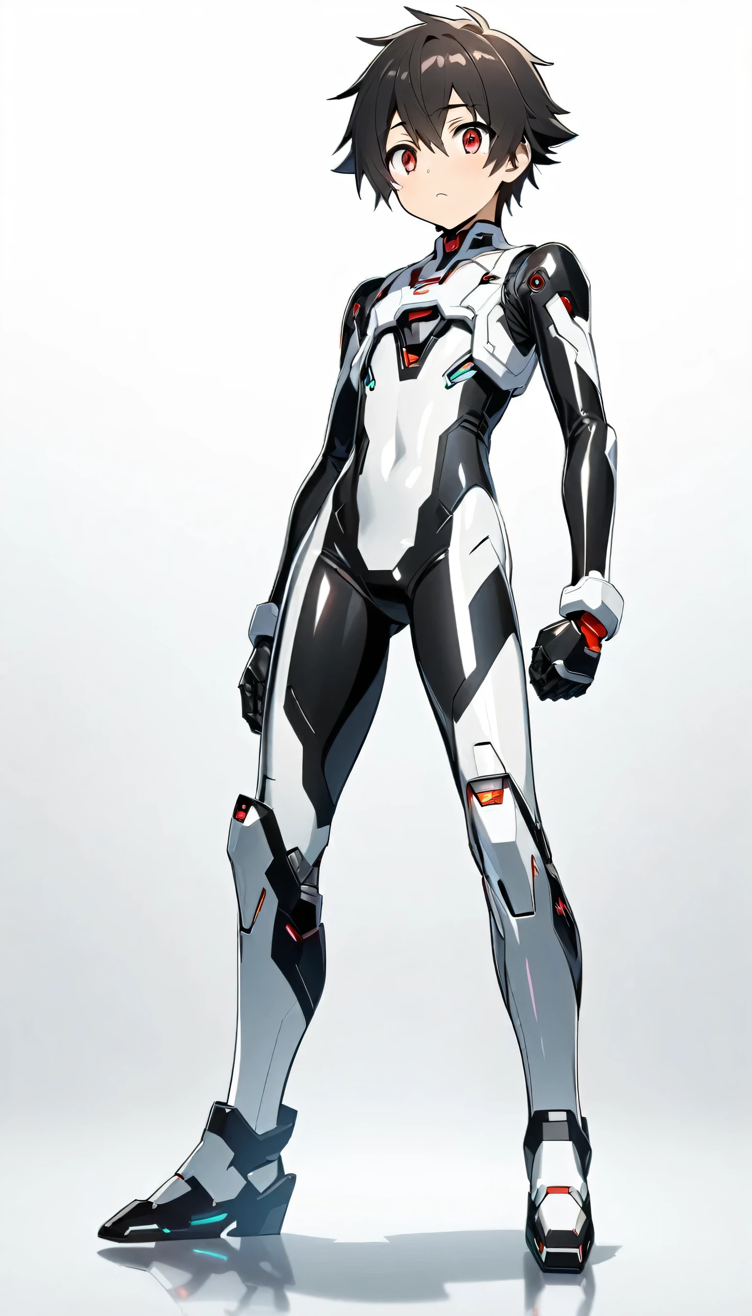 Full body image, anime android robot boy, 1boy, ((shota)), shiny, skintight ((black:1.0 and white:0.5)) sci-fi bodysuit, short black hair, red eyes, neutral expression, plain white background