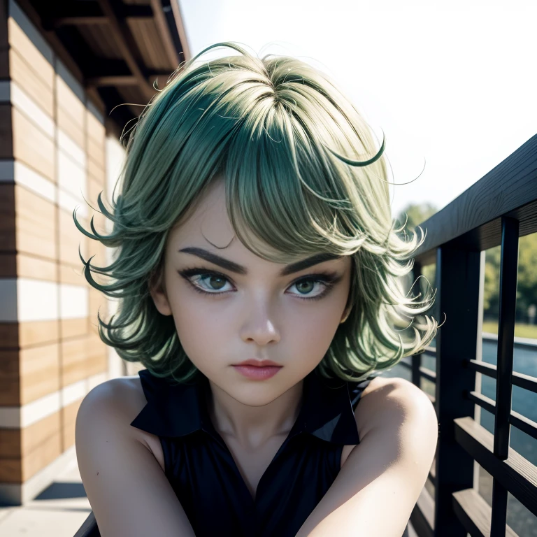 Masterpiece, best quality, detailed face, Tatsumaki, green hair, black dress, pelvic curtain, posing on a bridge, looking at viewer, neutral face