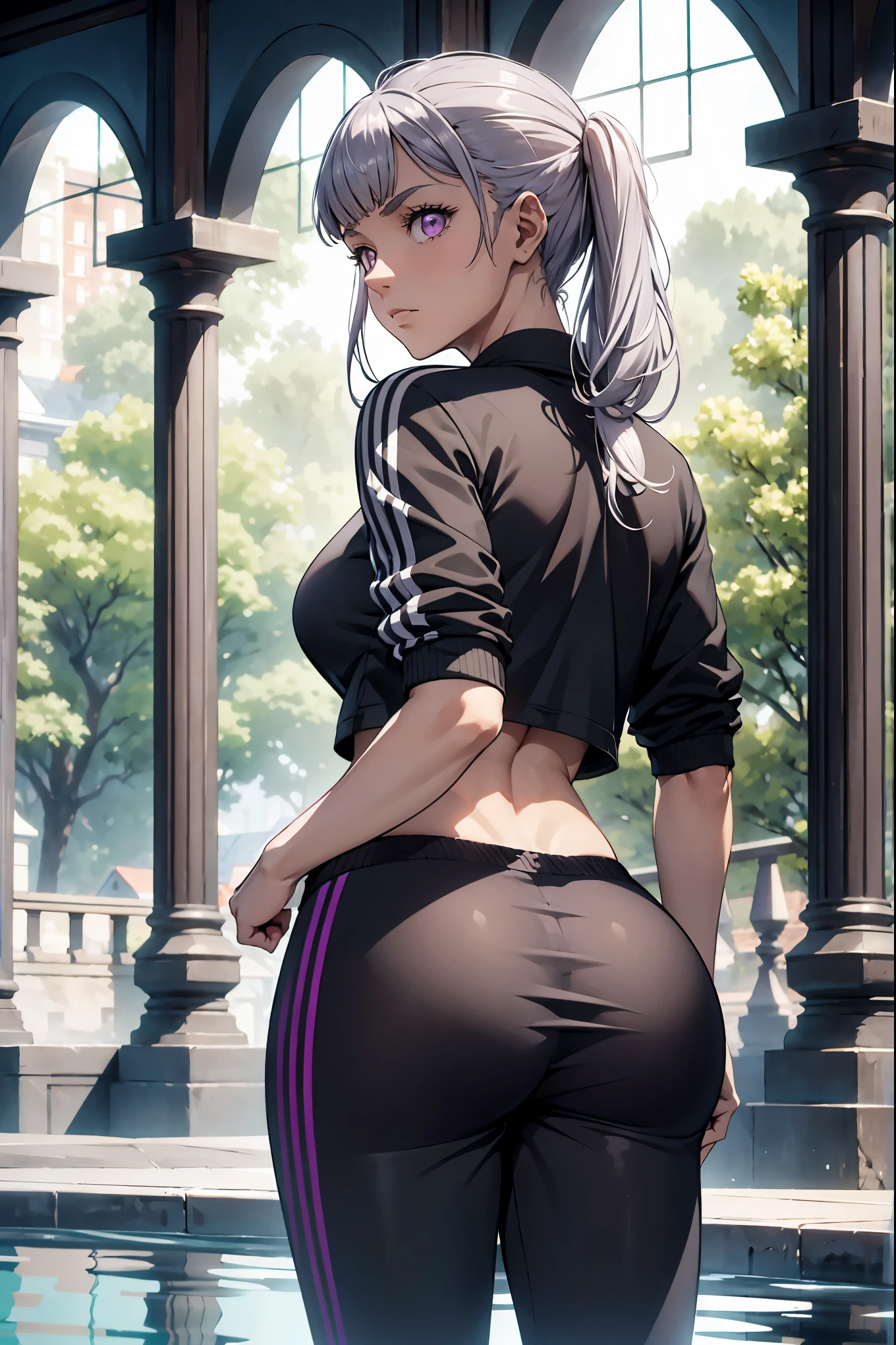 Meisterwerk, Atemberaubend realistisch, fotorealistisch, 12K-UHD, best quality, Sharpness, scharfes Gesicht, 1 girl,Noelle Silva,big ,silver hair,purple eyes,Stehend in einem Garten mit Pool,full entire body,cropped shirt,grey sweatpants,perfect round ass,back view,arms behind back