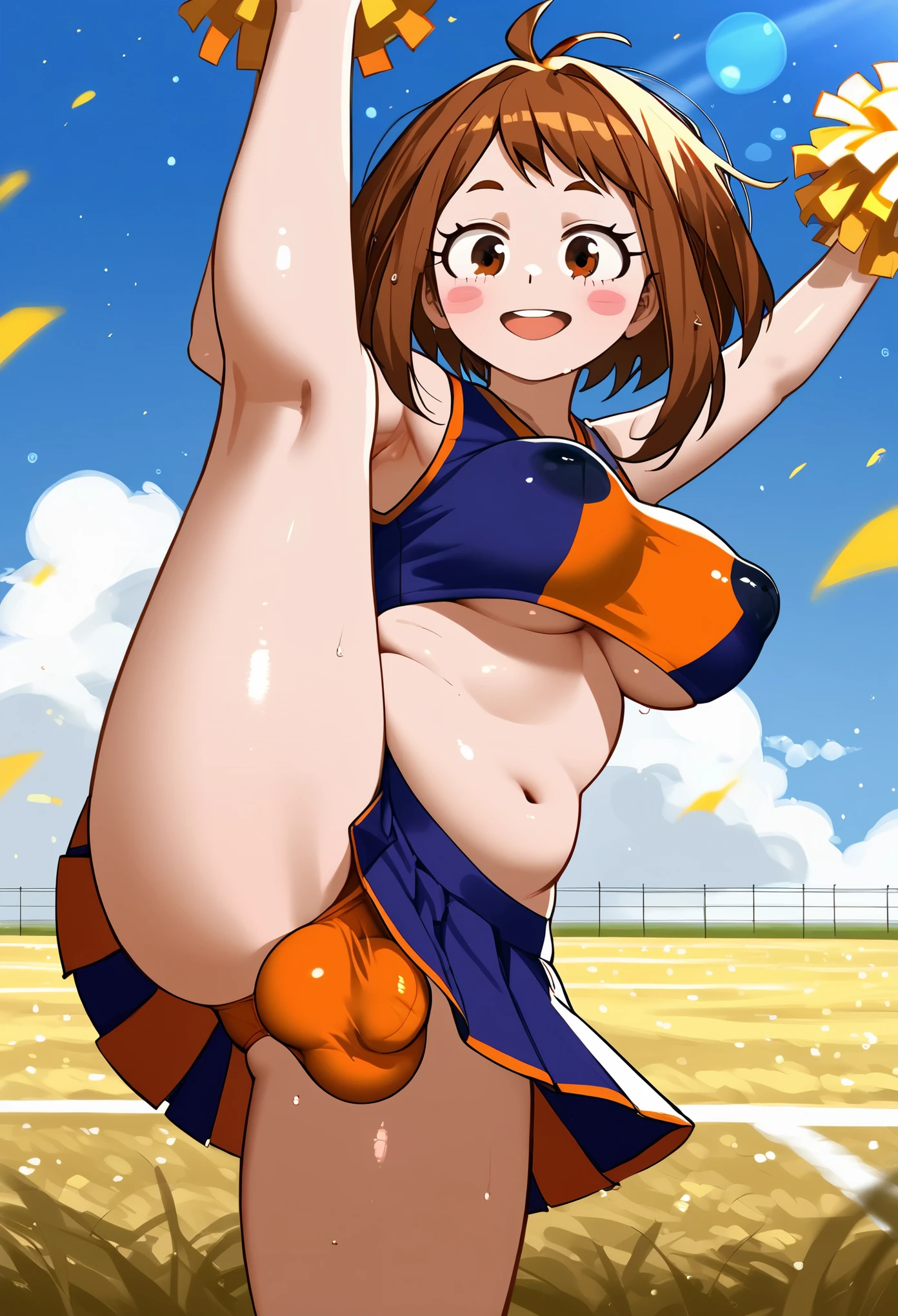 from side, anime, 1girl, ochako uraraka, my hero academia, solo, wet hair, messy hair, (smile, blush:1.2), open mouth, cheerleader, crop top, underboob, miniskirt, plump, breasts, (covered nipples, inverted nipples:1.2), futanari, (flaccid:1.2), (bulge:1.2), (small penis:1.1), standing, (leg up:1.4), shiny skin, outdoors, school, (field), clouds, light particles, (best quality, masterpiece:1.1),