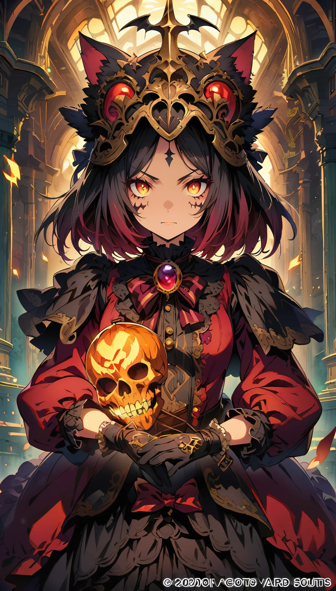 (high resolution:1.4), hyper-detailed, detailed face, detailed eyes, official art, Demon Calavera Victorian Fox Girl, absurd solution.