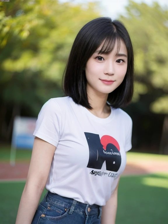 (kawaii 24 year-old Japanese girl, Nogizaka idol, Korean idol), healthy female athlete body, (glossy black hair, very short hair, messy hair edge, symmetric short hair:1.3), (bangs), (rounded face, brown eyes, single eyelid, no makeup, soft smiling:1.2), (wearing over-sized t-shirt, skinny jeans:1.3), (flat chest, extra small breasts:0.9), (looking at viewer:1.2), BREAK, (turf in the park background:1.3), (dynamic angle:1.3), BREAK, (masterpiece, best quality, photo realistic, official art:1.4), (UHD, 8K quality wallpaper, high resolution, raw photo, golden ratio:1.2), (shiny skin), professional lighting, physically based rendering, award winning, (perfect anatomy, highly detailed skin, extremely detailed face and eyes), Carl Zeiss 85 mm F/1.4, depth of field, 1girl, solo,