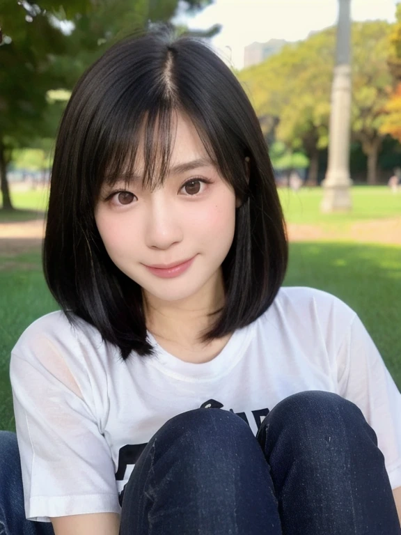 (kawaii 24 year-old Japanese girl, Nogizaka idol, Korean idol), healthy female athlete body, (glossy black hair, very short hair, messy hair edge, symmetric short hair:1.3), (bangs), (rounded face, brown eyes, single eyelid, no makeup, soft smiling:1.2), (wearing over-sized t-shirt, skinny jeans:1.3), (flat chest, extra small breasts:0.9), (looking at viewer:1.2), BREAK, (turf in the park background:1.3), (dynamic angle:1.3), BREAK, (masterpiece, best quality, photo realistic, official art:1.4), (UHD, 8K quality wallpaper, high resolution, raw photo, golden ratio:1.2), (shiny skin), professional lighting, physically based rendering, award winning, (perfect anatomy, highly detailed skin, extremely detailed face and eyes), Carl Zeiss 85 mm F/1.4, depth of field, 1girl, solo,