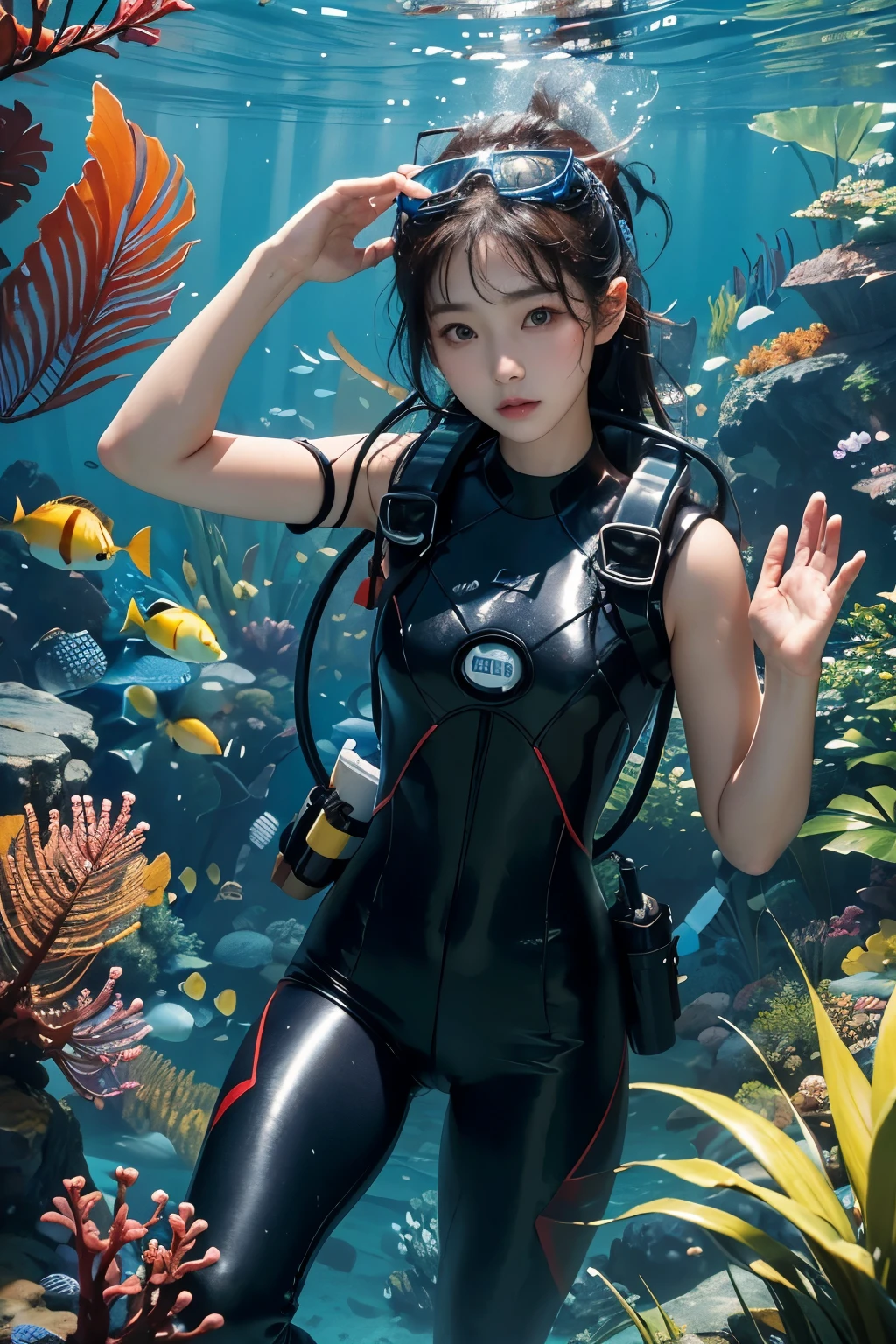 Girl, diver's underwater diving photo, realistic,