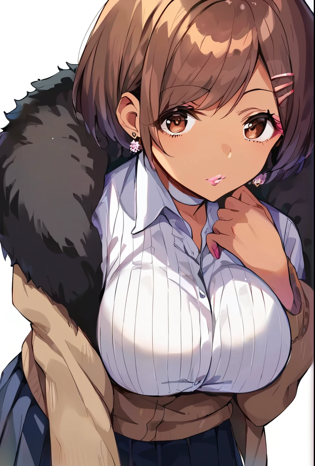 Score_9, score_8_up, score_7_up, score_6_up, gyaru, source_anime, 1girl, solo, white background, brick wall backdrop, upper body, looking at viewer, BREAK, earrings, BREAK, thin pink lips, tanned skin, pink makeup, ribbed sweater, fur trim, bare shoulders, off shoulder, white choker, hairclip, yui hirasawa, short hair, brown hair, hair ornament, (brown eyes:1.5), hairclip,sakuragaoka high , , uniform, blazer, shirt, white shirt, collared shirt, skirt, pleated skirt,