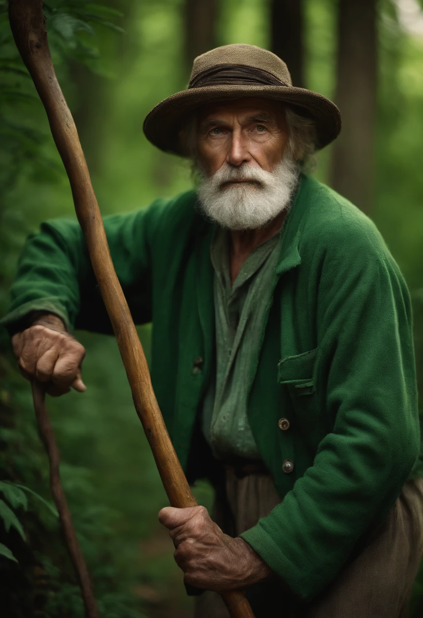 old hermit wrinkle man, with wavy hair, short beard, wearing green ragged clothes, holding a cane, in a forest, wise.