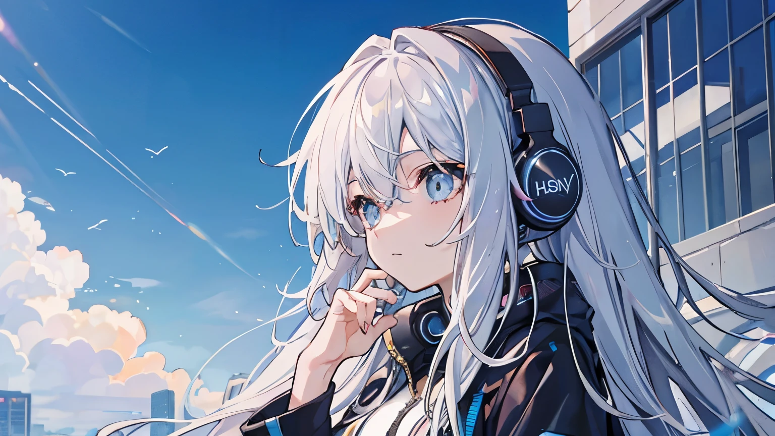 pretty girl, silver hair, long hair, messy hair, shiny hair, Listening to music, a sunny day, headphone