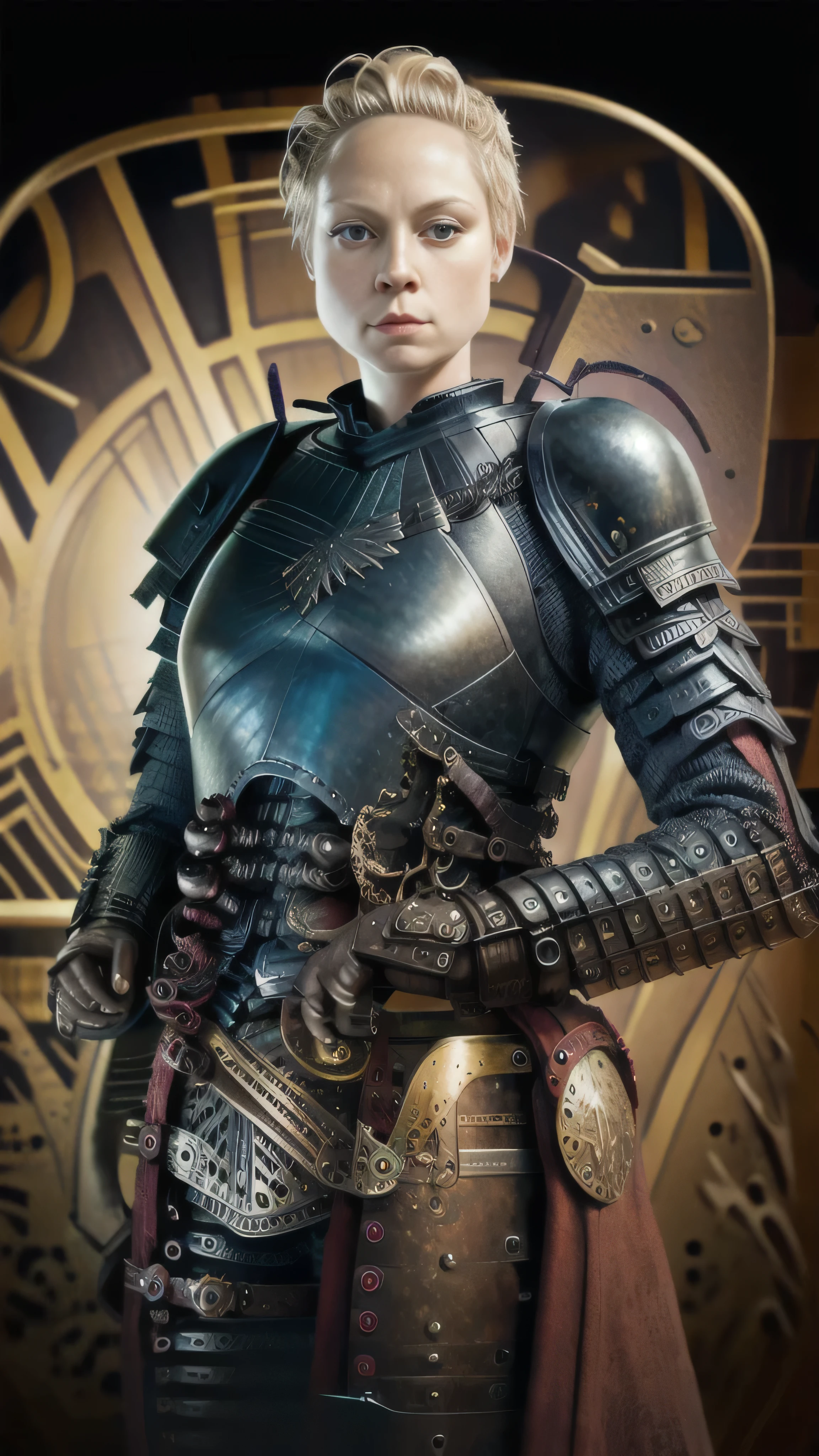 steampunkai, ((gwench)), steampunk blonde mohawk hairstyle, steampunk knight armor, steampunk knight sword, 1woman, solo, beautiful detailed glow, detailed, cinematic light, intricate detail, realistic, highres, detailed facial features, high detail, sharp focus, smooth, aesthetic, extremely detailed, stamp, octane render