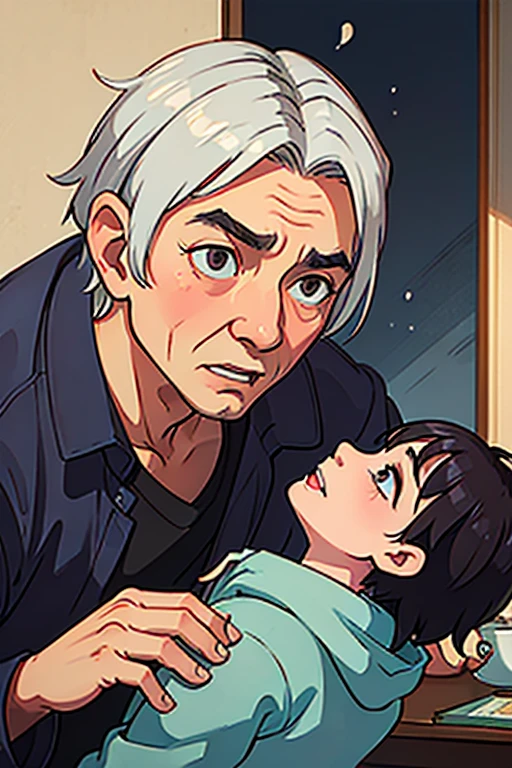 A scene of an 80-year-old wrinkled grandfather talking anxiously to his grandson。The expression is calm and warm。