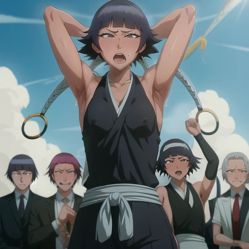 ( Animation screenshots:1.1),outdoor, Nipples exposed, 1 woman, alone, black hair, side breasts,eternal, short hair with long locks, japanese clothing, - Hip vents, no underwear,short hair, small breasts, (white eyes:1.1),No eyeballs, Also available in black, no headgear,low double braids,facing the audience, looking at the audience, tired, from below, (露armpit:1.1), ((armpit:1.2)), Sexy, Sweat dripping, More and more sweat,(ahegao), (Roll your eyes), naughty face, blush, open mouth, Sticking out tongue, saliva, Slobber,Runny nose,skinny, raise arms, (arms above head:1.5)