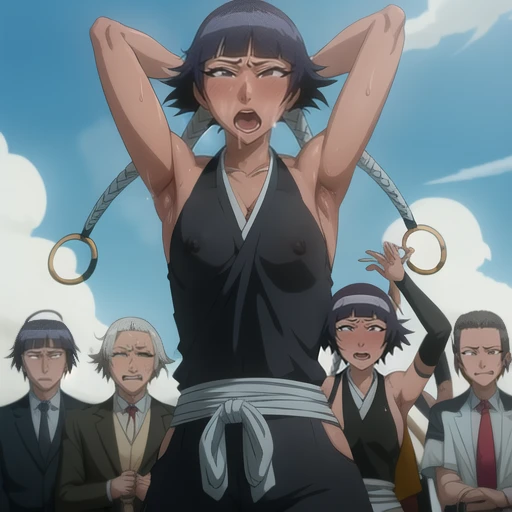 ( Animation screenshots:1.1),outdoor, Nipples exposed, 1 woman, alone, black hair, side breasts,eternal, short hair with long locks, japanese clothing, - Hip vents, no underwear,short hair, small breasts, (white eyes:1.1),No eyeballs, Also available in black, no headgear,low double braids,facing the audience, looking at the audience, tired, from below, (露armpit:1.1), ((armpit:1.2)), Sexy, Sweat dripping, More and more sweat,(ahegao), (Roll your eyes), naughty face, blush, open mouth, Sticking out tongue, saliva, Slobber,Runny nose,skinny, raise arms, (arms above head:1.5)