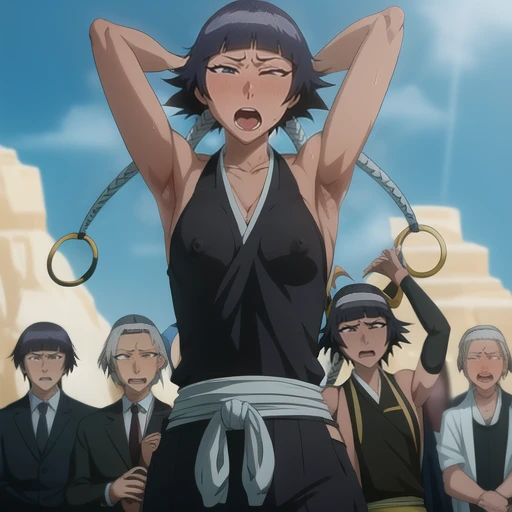 ( Animation screenshots:1.1),outdoor, Nipples exposed, 1 woman, alone, black hair, side breasts,eternal, short hair with long locks, japanese clothing, - Hip vents, no underwear,short hair, small breasts, (white eyes:1.1),No eyeballs, Also available in black, no headgear,low double braids,facing the audience, looking at the audience, tired, from below, (露armpit:1.1), ((armpit:1.2)), Sexy, Sweat dripping, More and more sweat,(ahegao), (Roll your eyes), naughty face, blush, open mouth, Sticking out tongue, saliva, Slobber,Runny nose,skinny, raise arms, (arms above head:1.5)