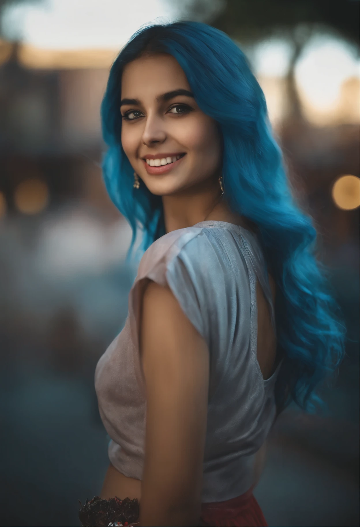 "Image Quality: 8K (Best Quality Scale: 1.2),A conon camera on her neck ,Artistic Style: Realistic, Photorealistic Factor: 1.37, Clarity: Ultra High Definition, Subject:  Girl (16 yrs  blue long hair, neon color, Pleasant Smile, Teen mini skirt