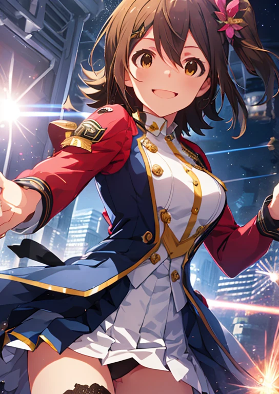 Mirai Kasuga  (million live), (highest quality, 8K, masterpiece, Super detailed:1.2), (Lens flare, particles of light, shine), big breasts, smile, open your mouth, masterpiece, highest quality, Super detailed, High resolution, Very detailed CG , pleated skirt ,perfect body, panty shot