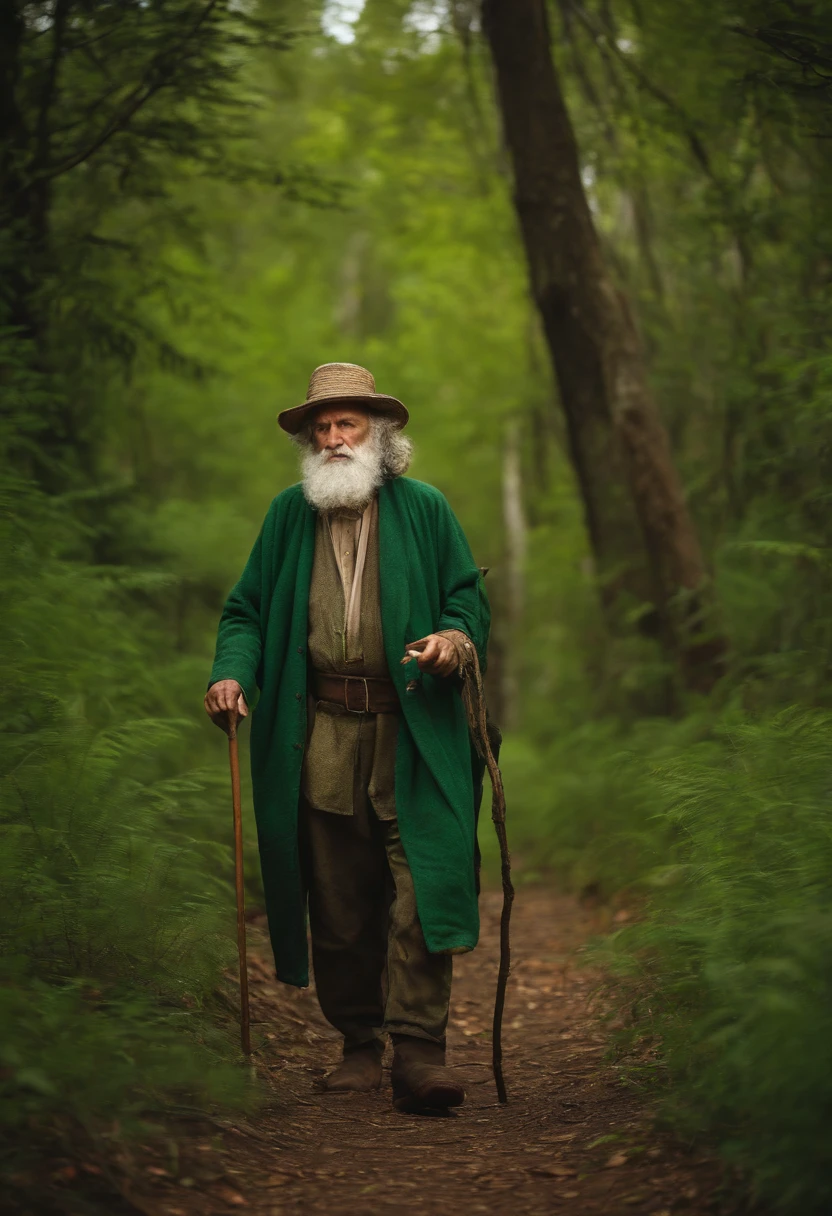 old hermit wrinkle man, with wavy hair, short beard, wearing green ragged clothes, holding a cane, in a forest, wise.