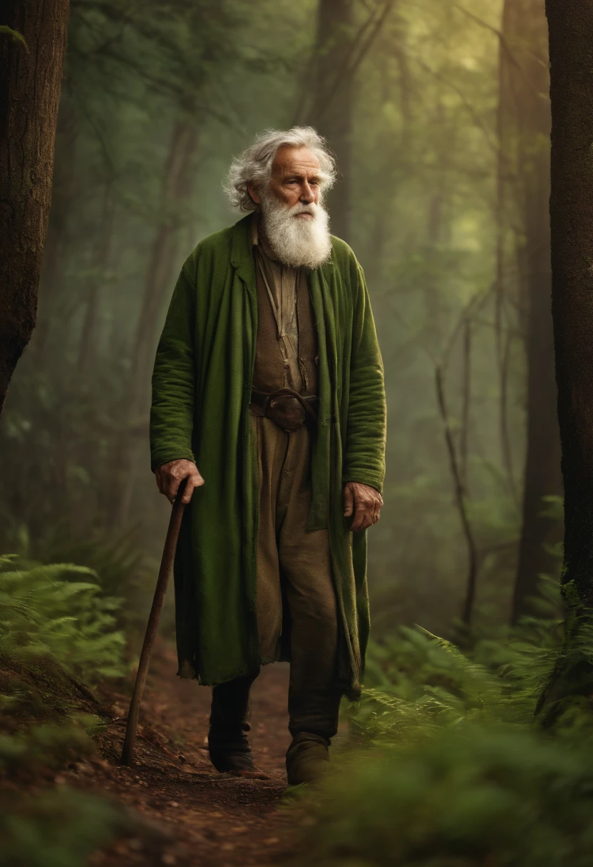 old hermit wrinkle man, with wavy hair, short beard, wearing green ragged clothes, holding a cane, in a forest, wise.