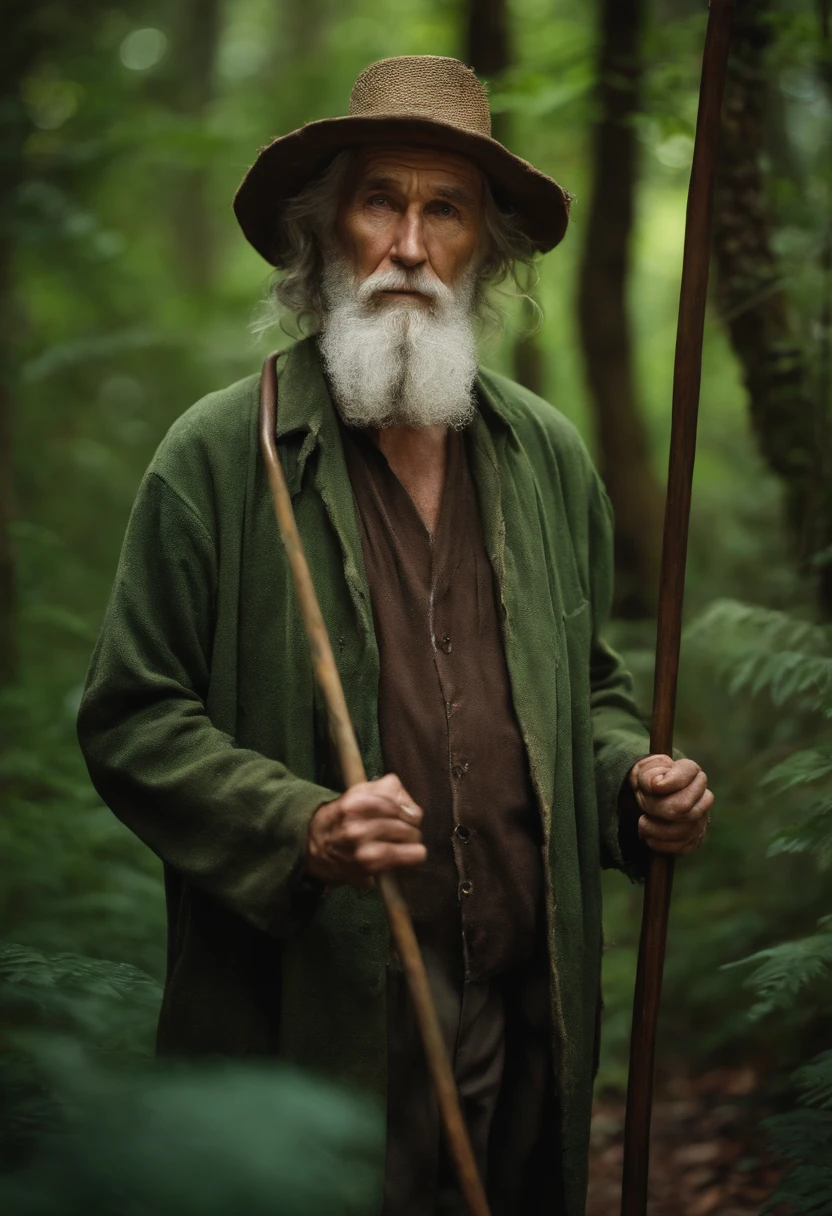 old hermit wrinkle man, with wavy hair, short beard, wearing green ragged clothes, holding a cane, in a forest, wise.