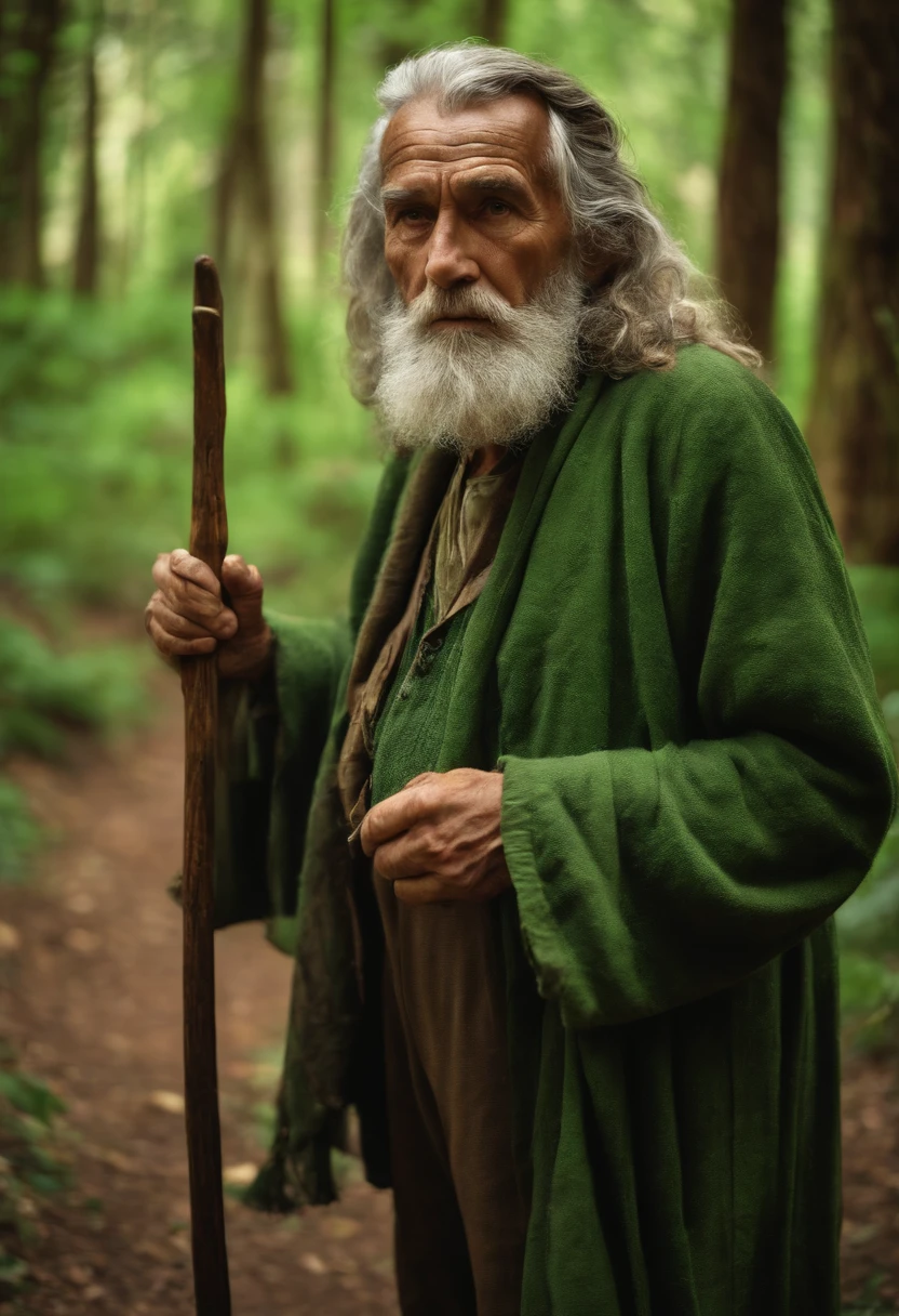 old hermit wrinkle man, with wavy hair, short beard, wearing green ragged clothes, holding a cane, in a forest, wise.