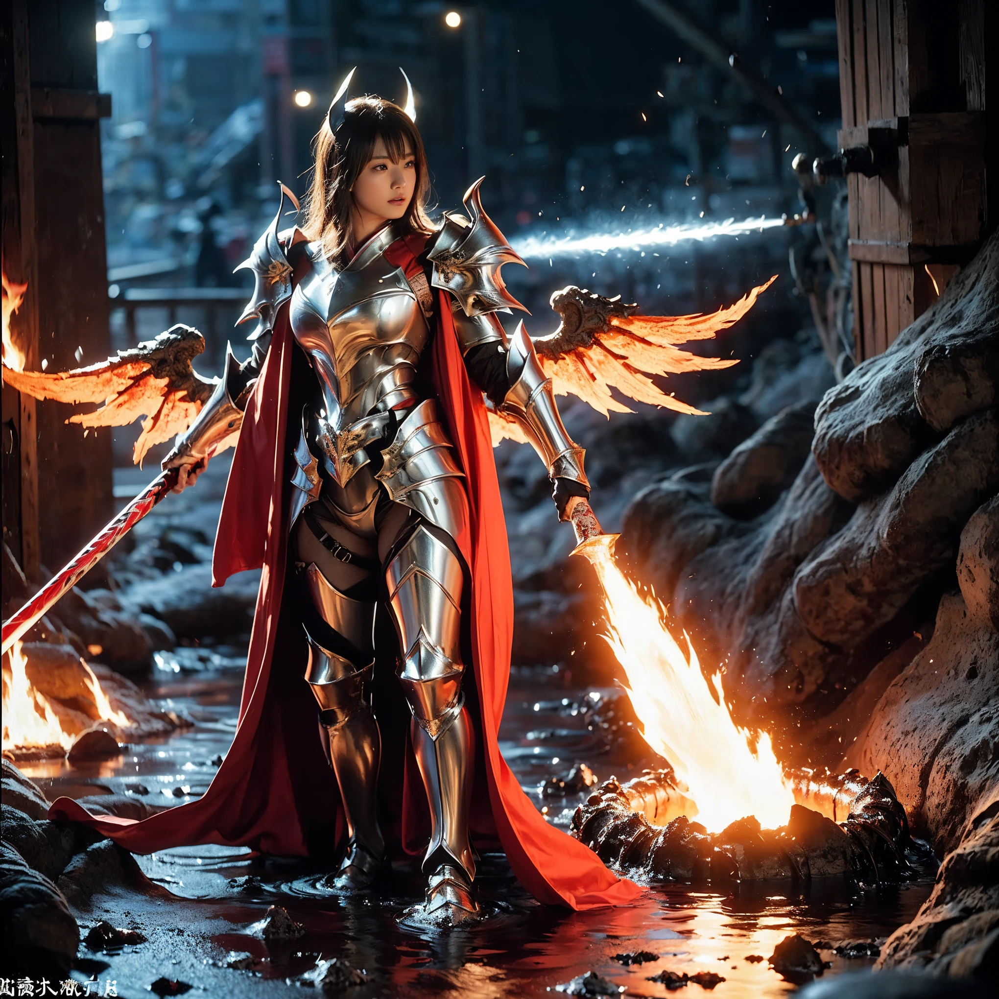 (((Realistic, masterpiece, best quality, crisp detail, high definition, high detail, very rich detail, sharp focus, sharp detail, colorful, rich color, perfect studio lightning))), ((20 years old, six armed japanese goddess of fire, burned kasumi arimura, standing in flame, fire haired goddess)) in the molten lava flood, wearing (((beautiful decorated golden heavy armor, phoenix armor, phoenix pinions, decorated full body armor, fully armored beautiful kimono, bif fire wings, blue aura))), (flying, floating, offensive stance, holding big fire swords, blood scattered face, blood tears, blood bath, blood shed), (((blood, death, japan bakumatsu period, dead bodies, burned japanese castle, catastrophe, exploding volcano, meteor shower, molten lava, flood)) background), shot from below
