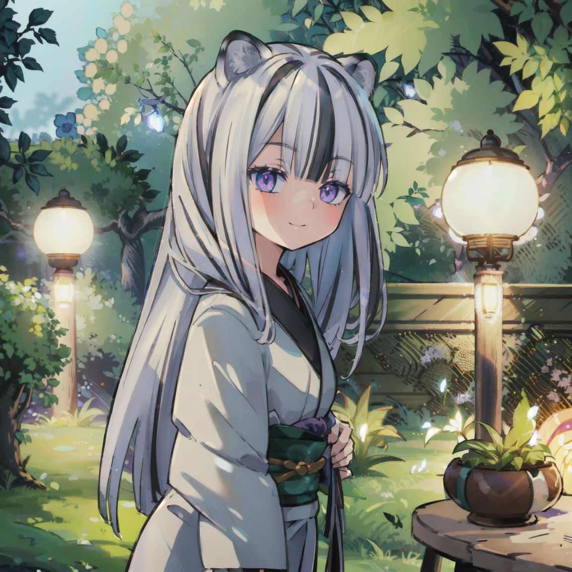 ((masterpiece:1.4, best quality)), ((masterpiece, best quality)),girl in a Japanese-style garden, featuring Black,Purple and Iris lights,white hair,purple eyes,smile,White Tiger ears,japanese heaven garden,night, Black kimono, 