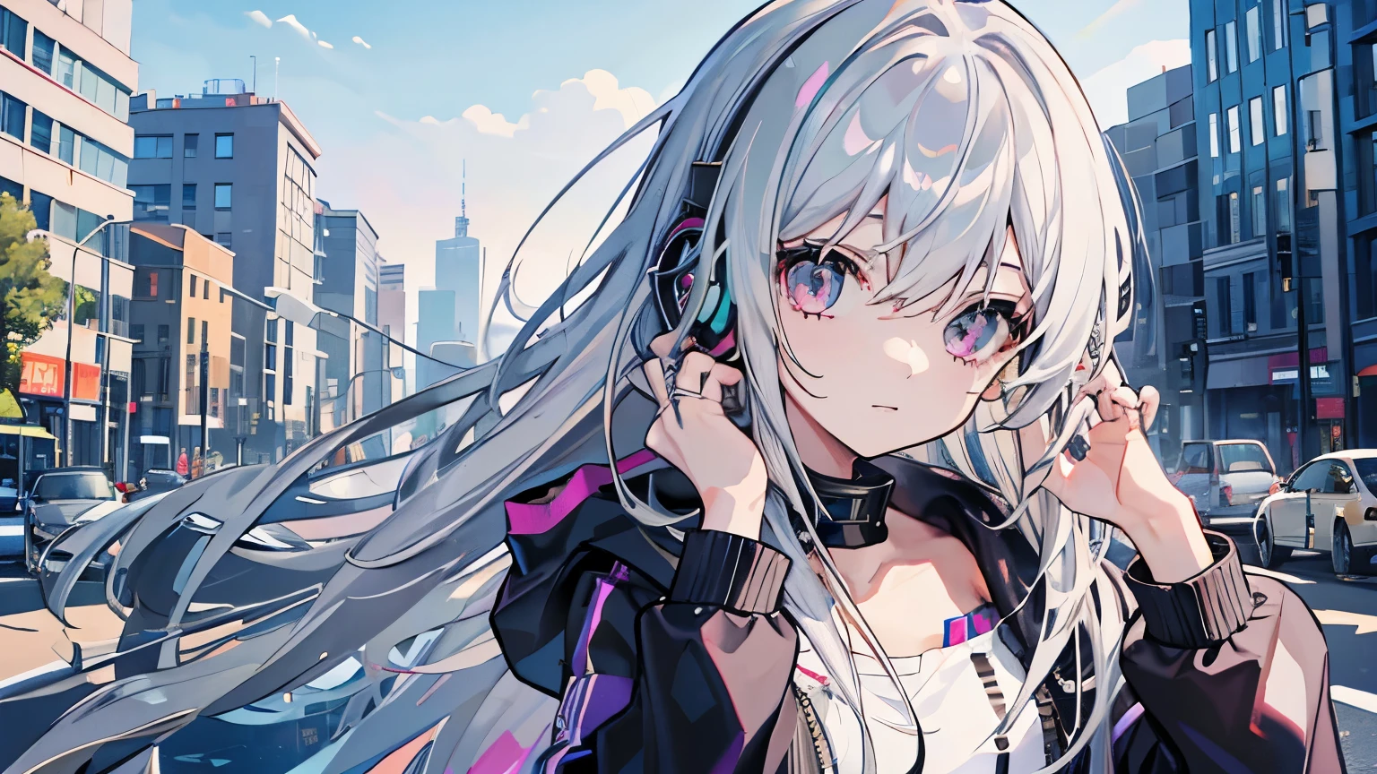 pretty girl, silver hair, long hair, messy hair, shiny hair, Listening to music, a sunny day, headphone, refer to