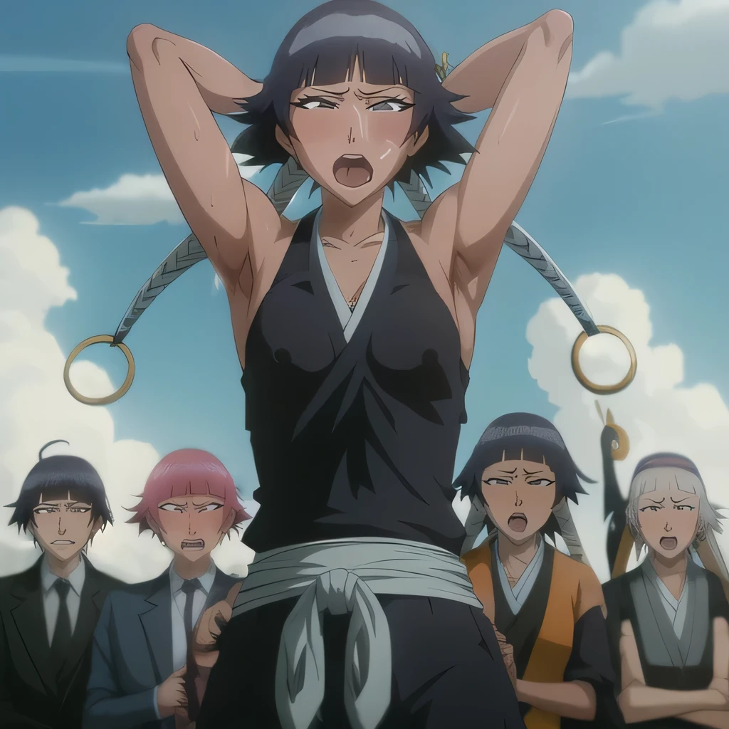 ( Animation screenshots:1.1),outdoor, Nipples exposed, 1 woman, alone, black hair, side breasts,eternal, short hair with long locks, japanese clothing, - Hip vents, no underwear,short hair, small breasts, (white eyes:1.1),No eyeballs, Also available in black, no headgear,low double braids,facing the audience, looking at the audience, tired, from below, (Exposed armpit:1.1), ((armpit:1.2)), Sexy, Sweat dripping, More and more sweat,(ahegao), (Roll your eyes), naughty face, blush, open mouth, Sticking out tongue, saliva, Slobber,Runny nose,skinny, raise arms, (arms above head:1.5)