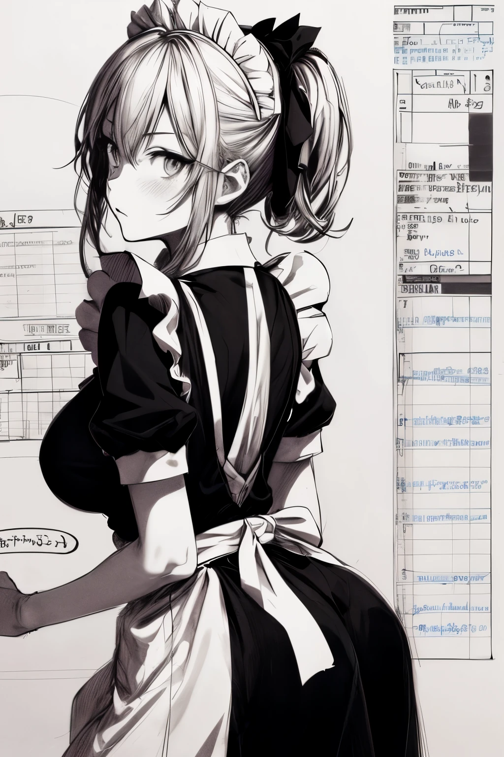 sketch_style, (1 girl,Maid,hands behind her back), solo, ink, sketch,family restaurant,Anime line art,afterimage, character chart, negative space, tachi-e, from side, anime style