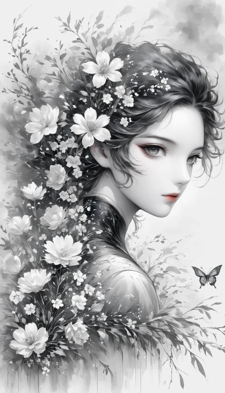 (Anime line drawing:1.5)，(black and white painting:1.45)，Minimalism，(line art:1.6)，sketch，Charcoal drawing，mask，flower,Illustration in surreal art style，surreal dream，Dubrec style,(multiple exposure：1.8),art for coloring book page, 全White背景, Use only contours, line art, coloring book, clean line art,令人惊叹的White墨水coloring book页异想天开的壮丽 , White , (((((纯White背景))))), monochrome, Pure black and white, Draw clear lines, 最高品质的成人coloring book风格, modern anime style, Illustrations that pay homage to Artgerm&#39;s signature style, Alexi Brillot, and Charlie Bovoort, 以数字涂鸦line art风格创建, Draw vector clear lines with ink, Ultra-clean and bold lines found in the cutest cartoon style [Michael Whelan] Less details，Sharp、Clean appearance. The cartoon style is inspired by bold and bright lines