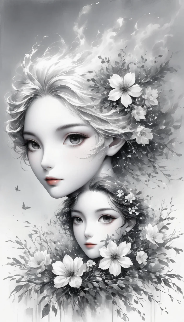 (Anime line drawing:1.5)，(black and white painting:1.45)，Minimalism，(line art:1.6)，sketch，Charcoal drawing，mask，flower,Illustration in surreal art style，surreal dream，Dubrec style,(multiple exposure：1.8),art for coloring book page, 全White背景, Use only contours, line art, coloring book, clean line art,令人惊叹的White墨水coloring book页异想天开的壮丽 , White , (((((纯White背景))))), monochrome, Pure black and white, Draw clear lines, 最高品质的成人coloring book风格, modern anime style, Illustrations that pay homage to Artgerm&#39;s signature style, Alexi Brillot, and Charlie Bovoort, 以数字涂鸦line art风格创建, Draw vector clear lines with ink, Ultra-clean and bold lines found in the cutest cartoon style [Michael Whelan] Less details，Sharp、Clean appearance. The cartoon style is inspired by bold and bright lines