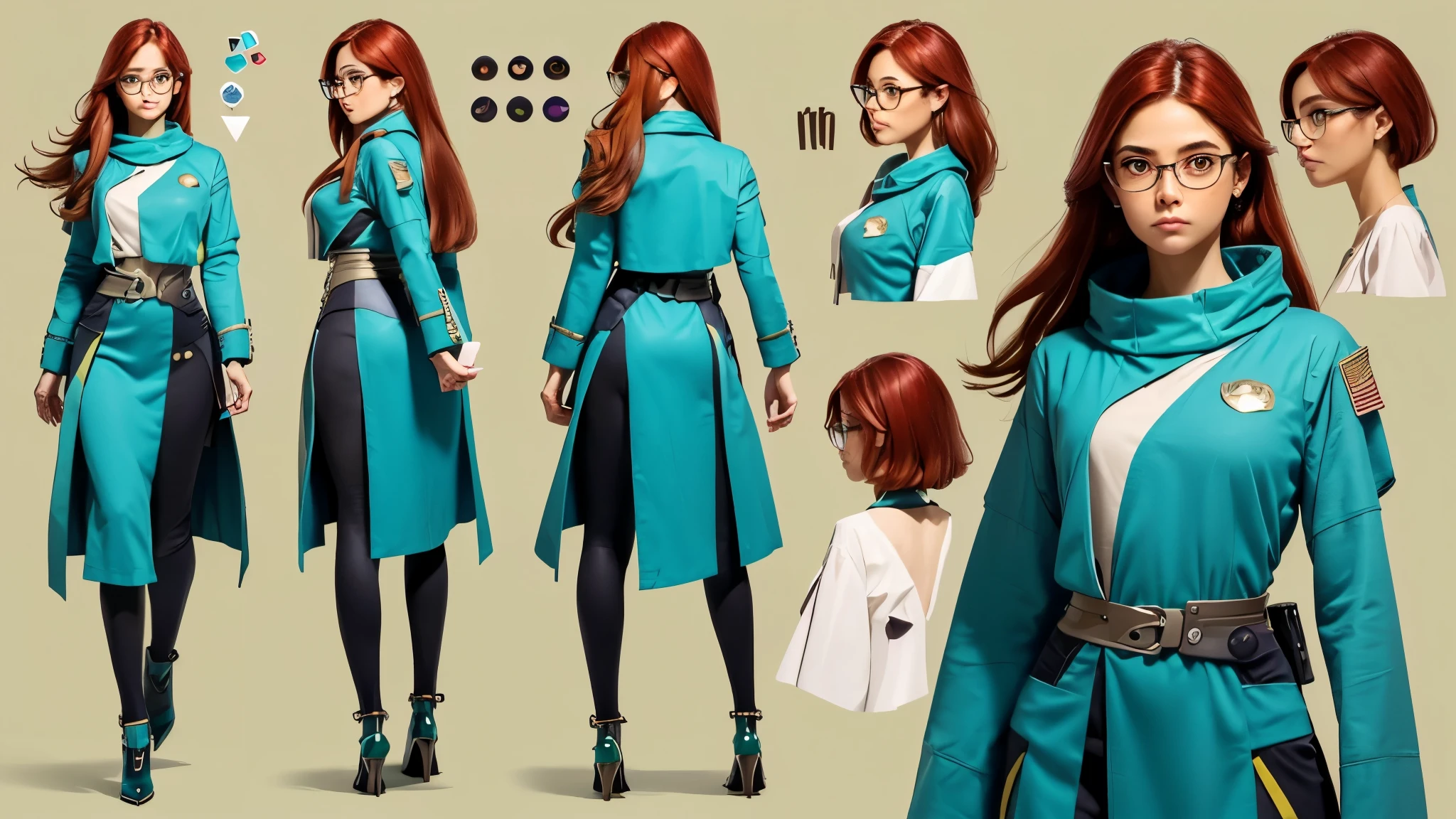 (Masterpiece, best quality), detailed, (1girl), ((character concept art)), ((character design sheet, same character, front, side, back)), many items, (sci-fi spaceship siencist uniform, space traveler, military cloth, many parts), (Green skin tone color:1.5) , (detailed red eyes, (reading glasses)), detailed face, different expressions, (athletic:1.3), red hair,  detailed long hair, formal style haircut, full of details.